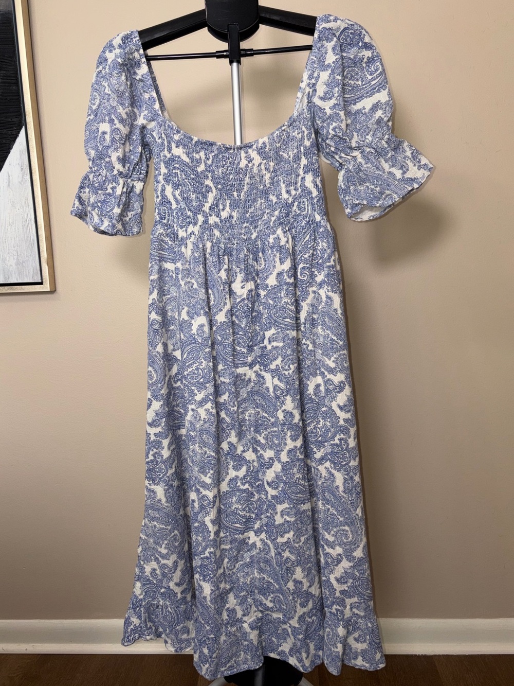 Olivaceous Cotton Gauze Midi Dress Puff Sleeve Smocked Top Paisley Size Large